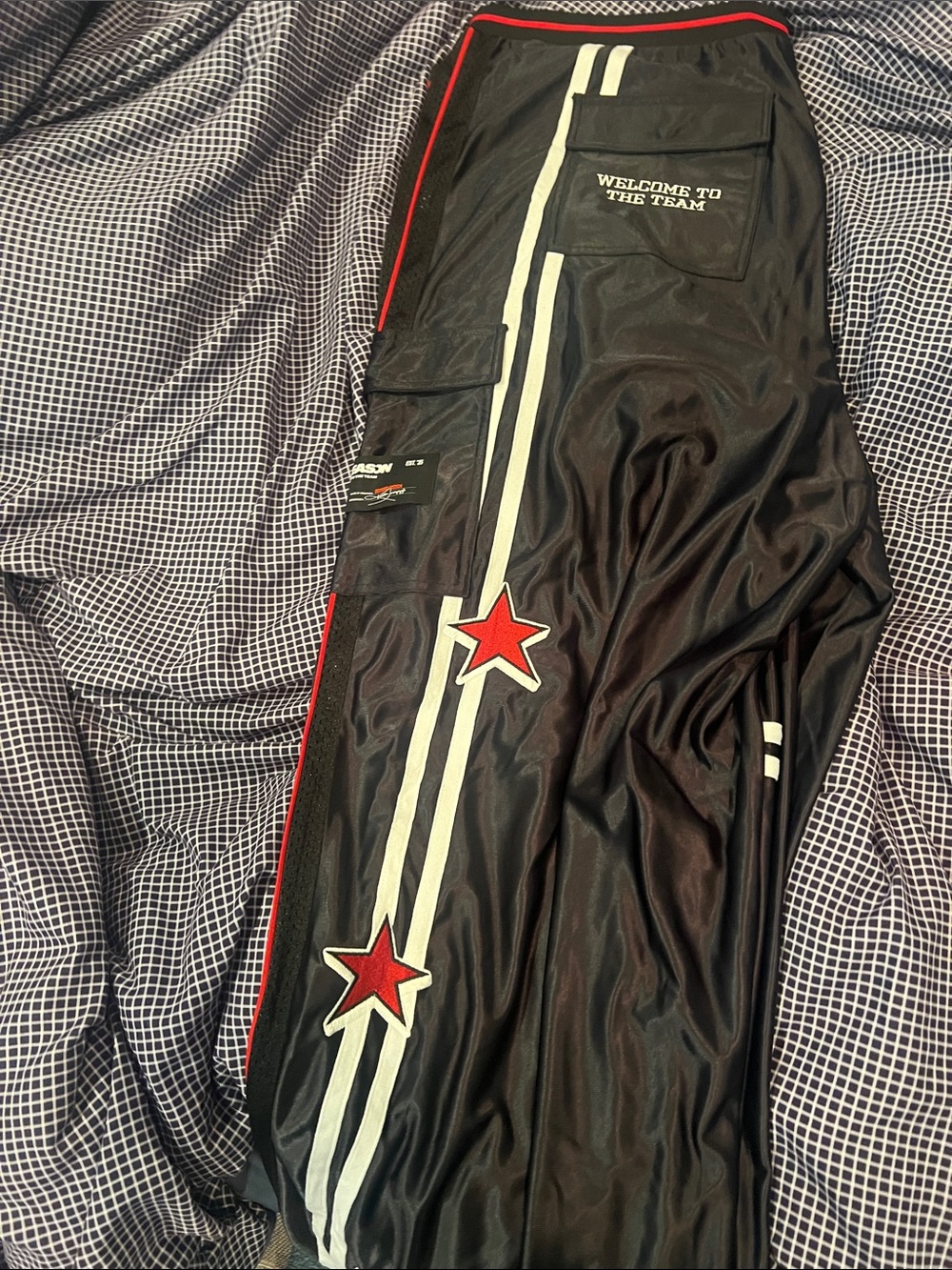 Black Track Joggers with Red Star Stripe